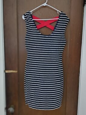 Guess Navy and White Striped Mini Dress with Red Cross-Back